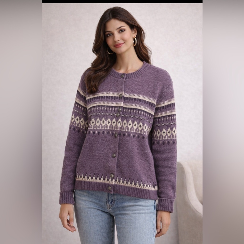 Woolrich Fair Isle Cardigan Sweater Purple Nordic Knit Button Front Sz Large